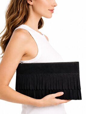 Madewell Swingy Suede Fringe Clutch Bag Genuine Italian Leather | Black